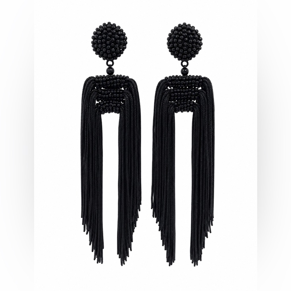 Black Beaded Tassel Statement Earrings